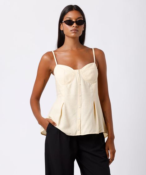 blusa peplum feminina com linho alça fina mindset amarela