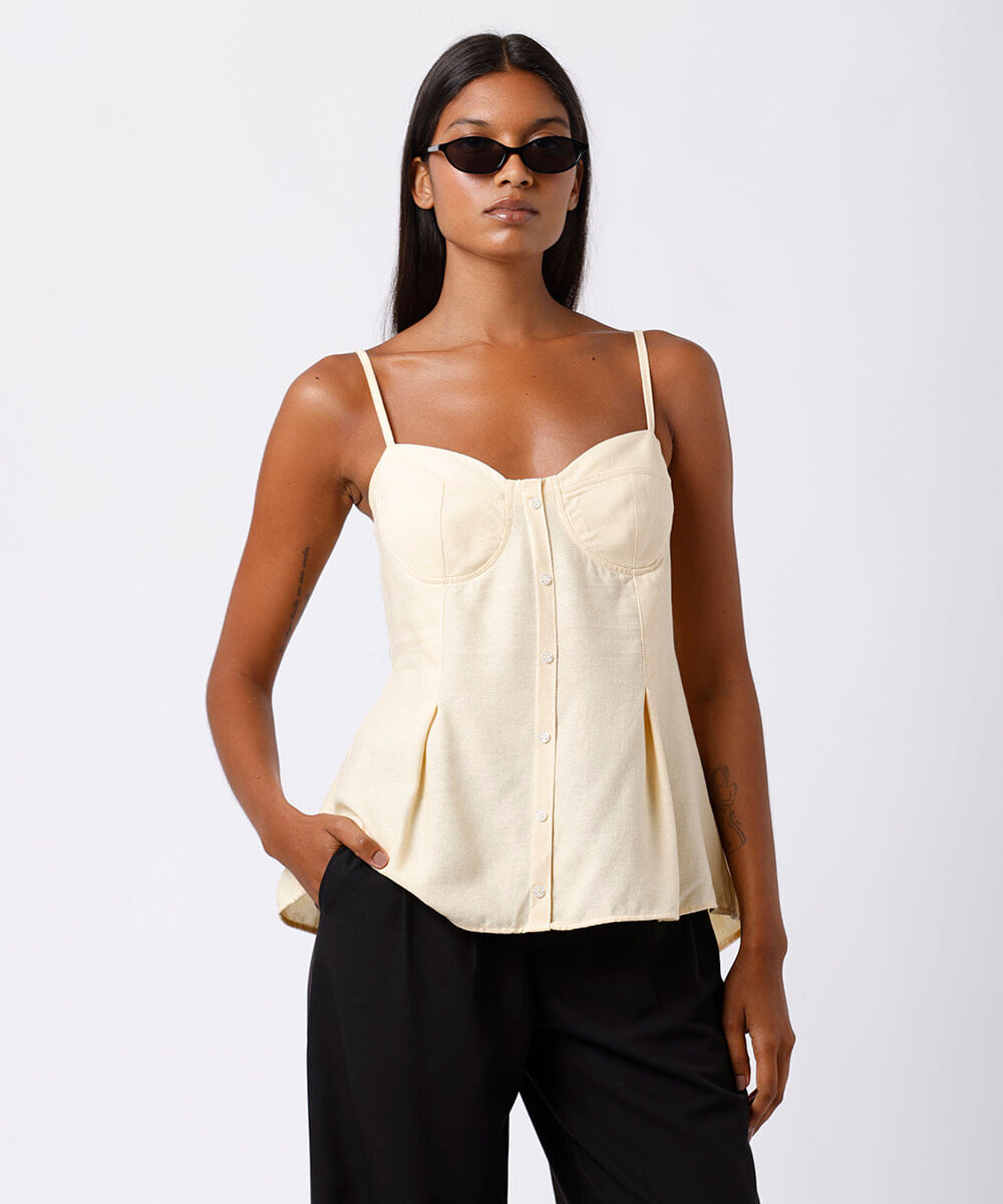 blusa peplum feminina com linho alça fina mindset amarela