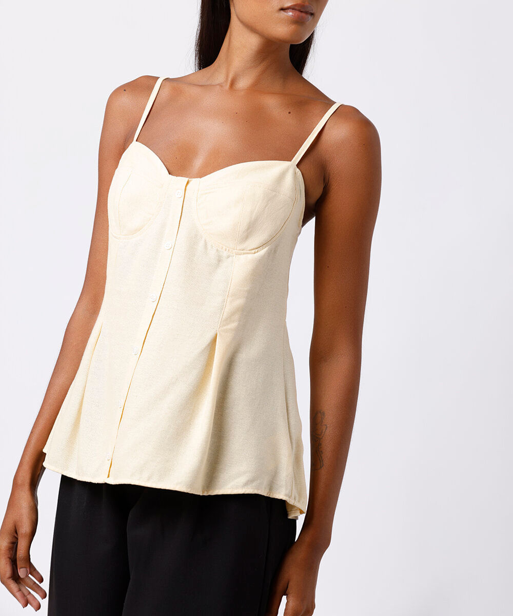 blusa peplum feminina com linho alça fina mindset amarela