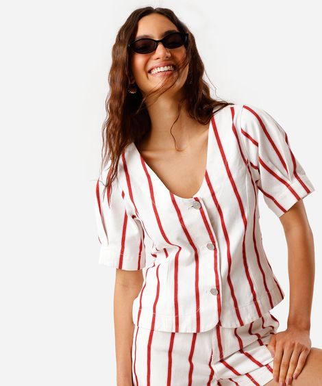 blusa feminina de sarja manga bufante listrada off white