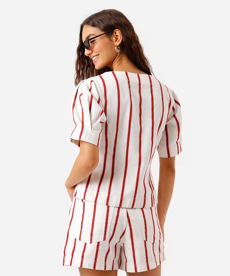 blusa feminina de sarja manga bufante listrada off white