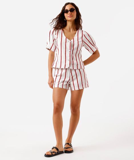 short feminino de sarja cintura alta listrado off white