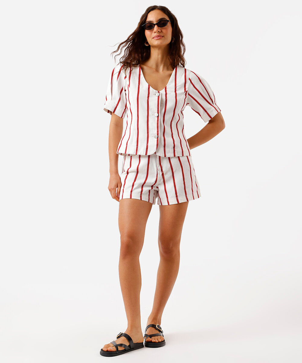 short feminino de sarja cintura alta listrado off white