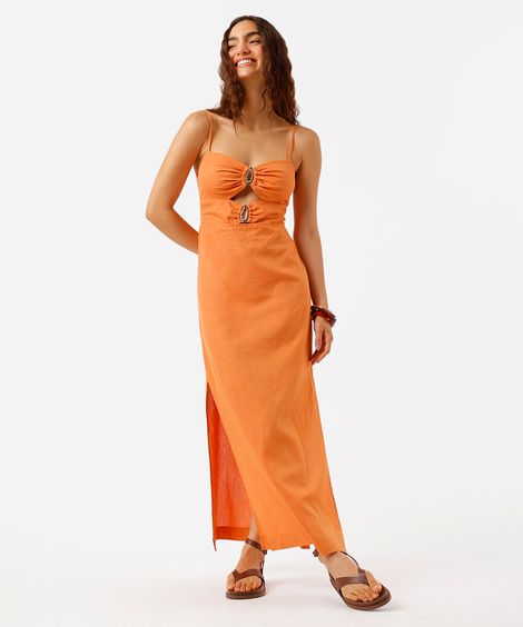 vestido longo alça feminino com linho e recortes laranja