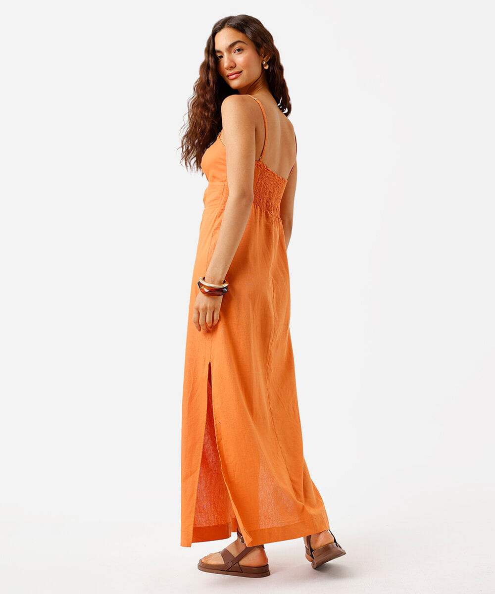 vestido longo alça feminino com linho e recortes laranja