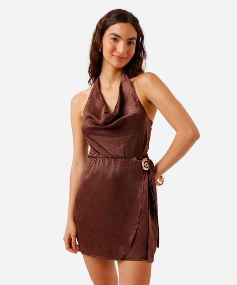 vestido curto feminino frente única acetinado marrom