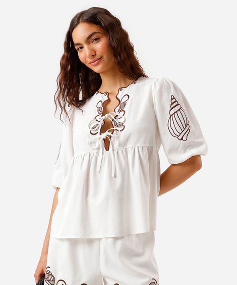 bata feminina com linho bordada off white