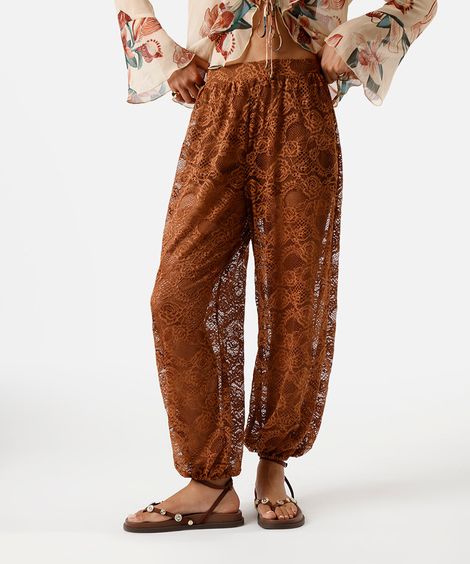 calça aladim feminina de renda floral marrom