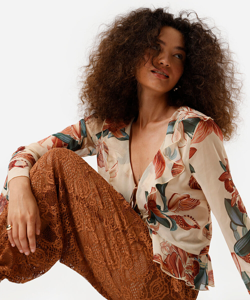 calça aladim feminina de renda floral marrom