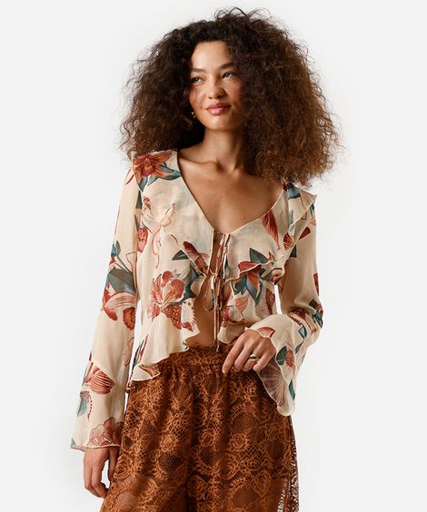 blusa feminina com manga longa babados e amarração floral colorida