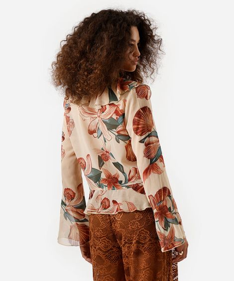 blusa feminina com manga longa babados e amarração floral colorida