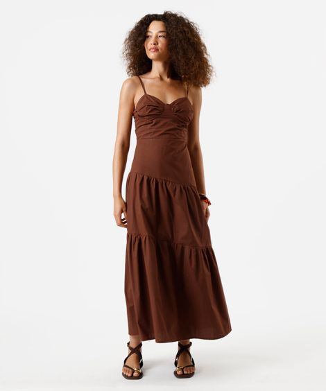 vestido longo alça fina feminino de algodão com recortes marrom