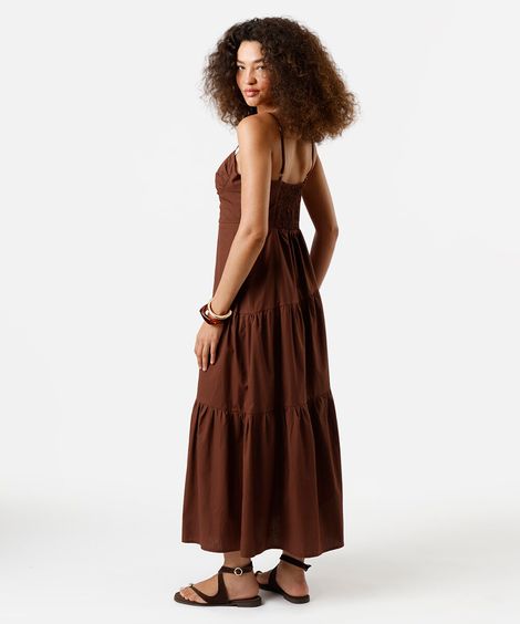 vestido longo alça fina feminino de algodão com recortes marrom