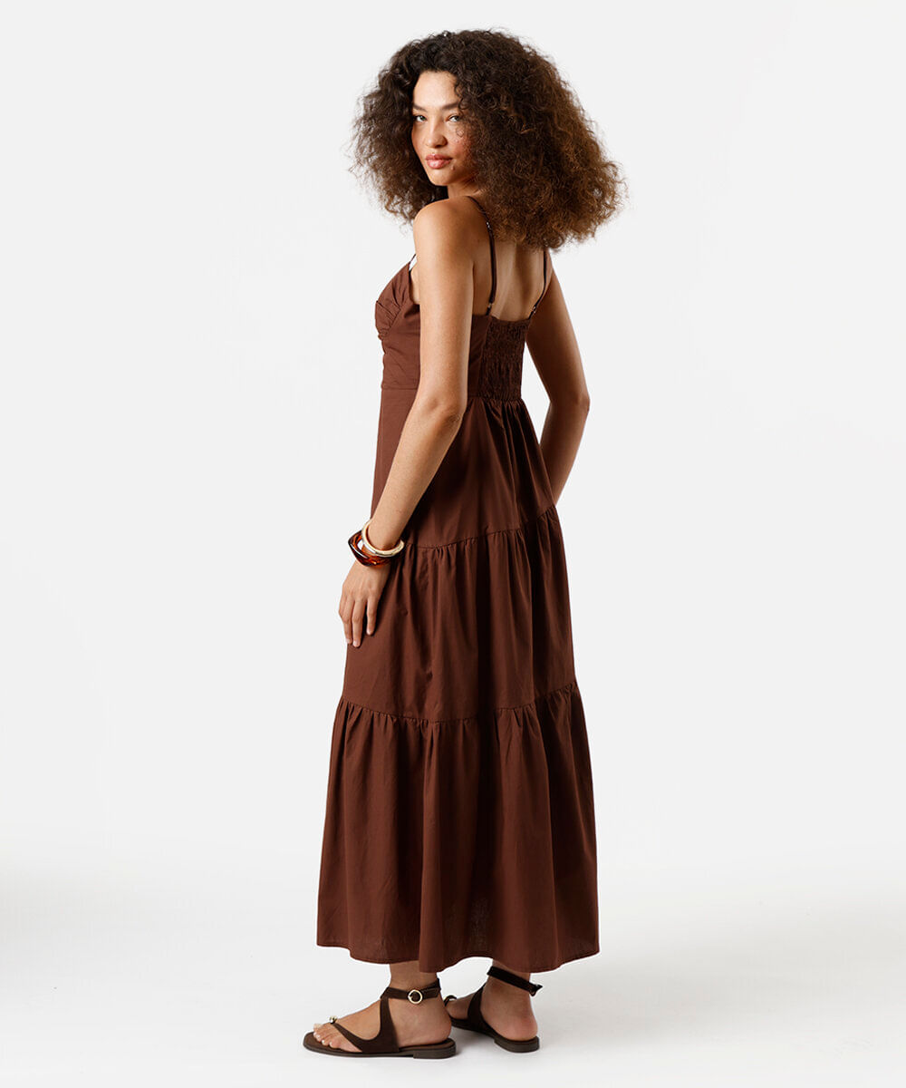 vestido longo alça fina feminino de algodão com recortes marrom