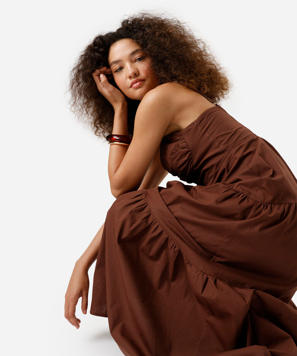 vestido longo alça fina feminino de algodão com recortes marrom