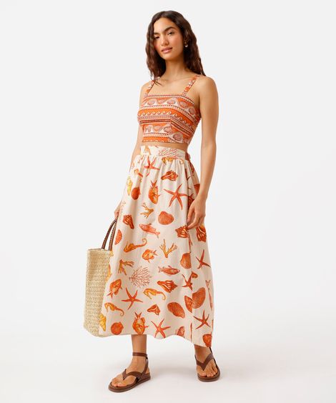 saia midi godê feminina de algodão estampada bege