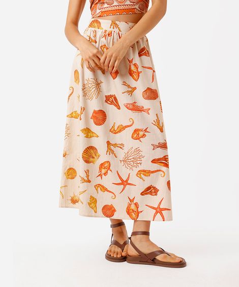 saia midi godê feminina de algodão estampada bege