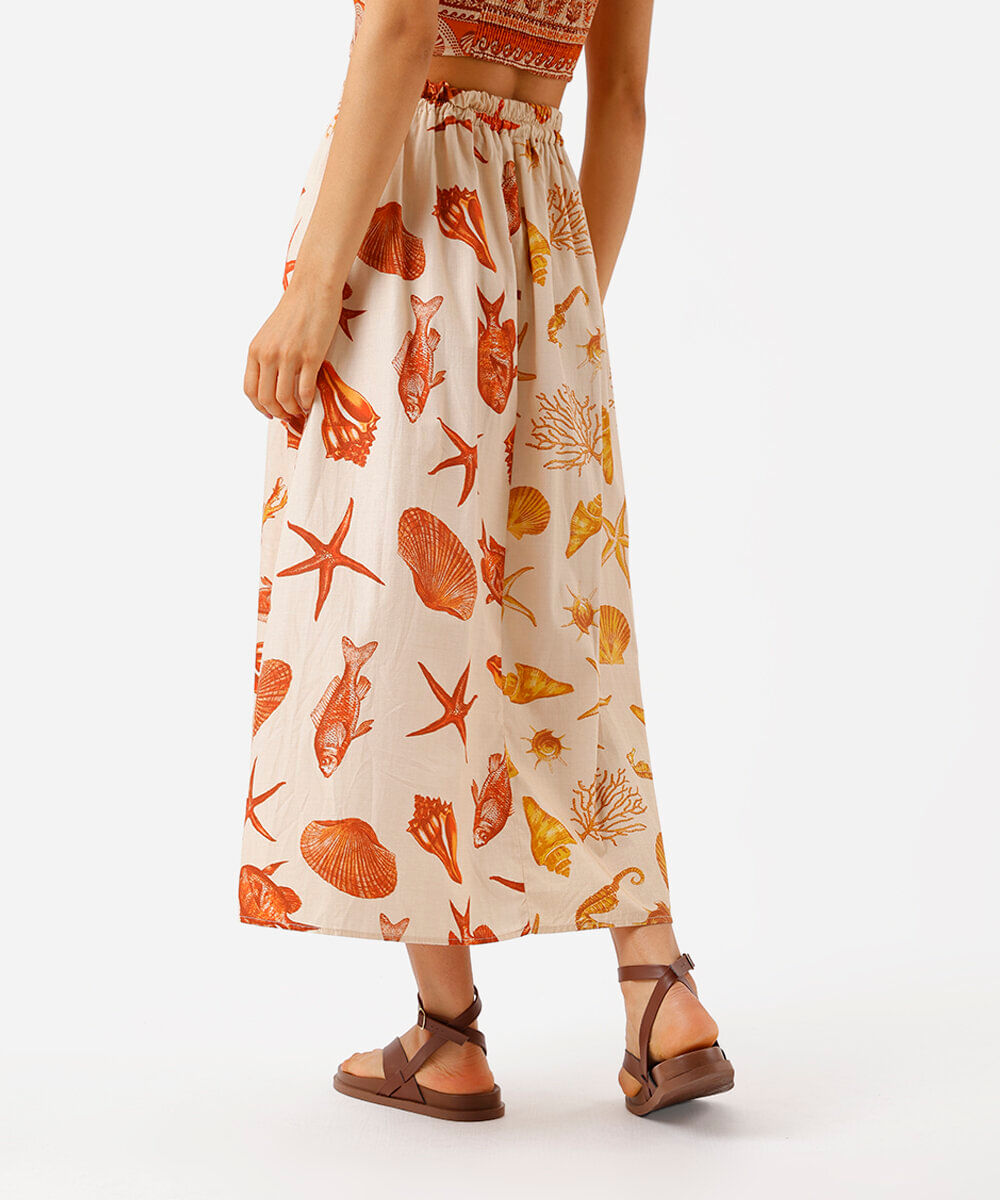 saia midi godê feminina de algodão estampada bege