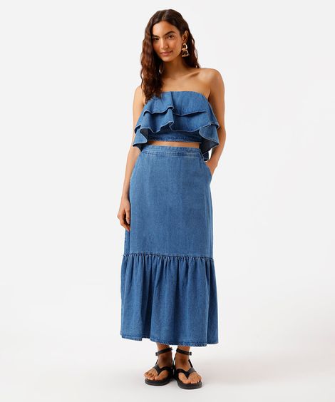 saia midi feminina jeans com recorte azul