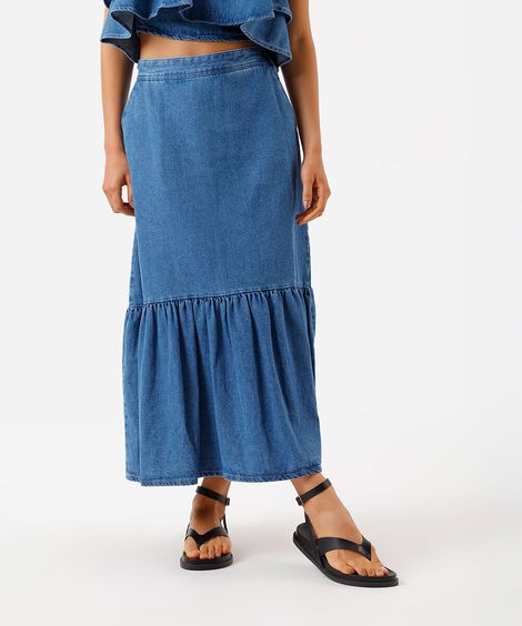 saia midi feminina jeans com recorte azul