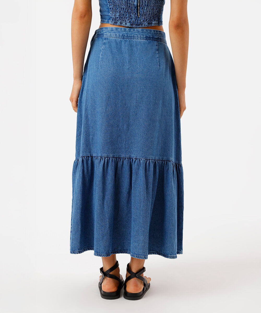 saia midi feminina jeans com recorte azul