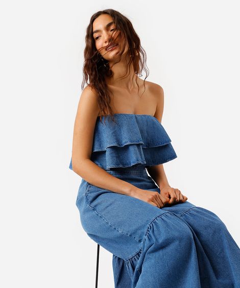 cropped sem alça feminino jeans com babados azul
