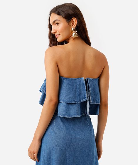 cropped sem alça feminino jeans com babados azul