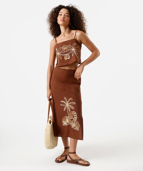 saia midi feminina com e fenda bordada marrom