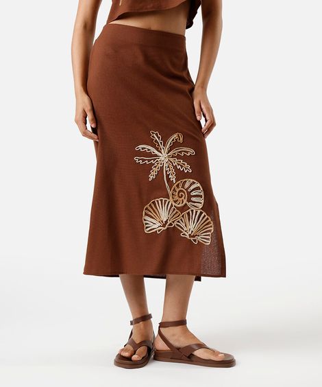 saia midi feminina com e fenda bordada marrom