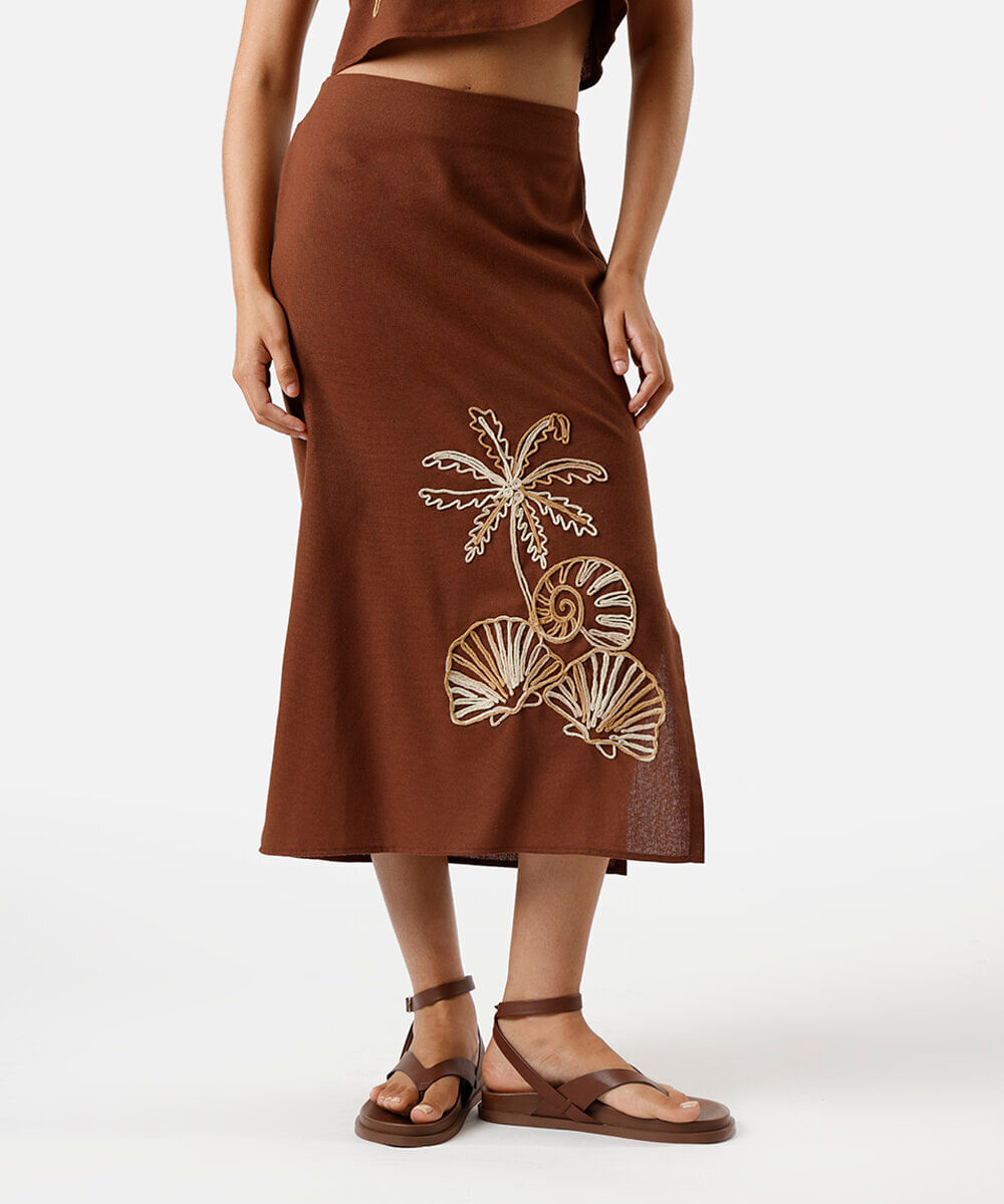 saia midi feminina com e fenda bordada marrom