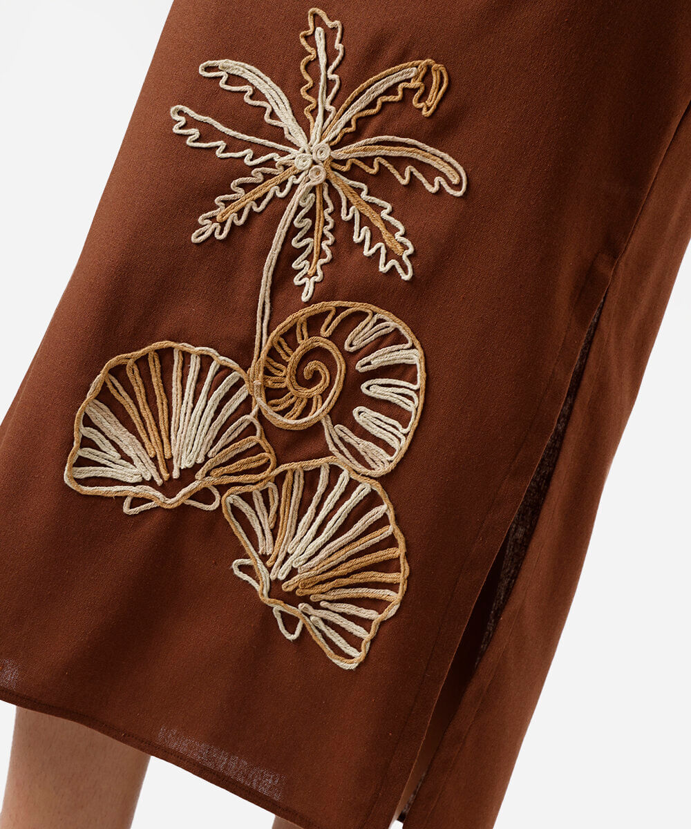 saia midi feminina com e fenda bordada marrom