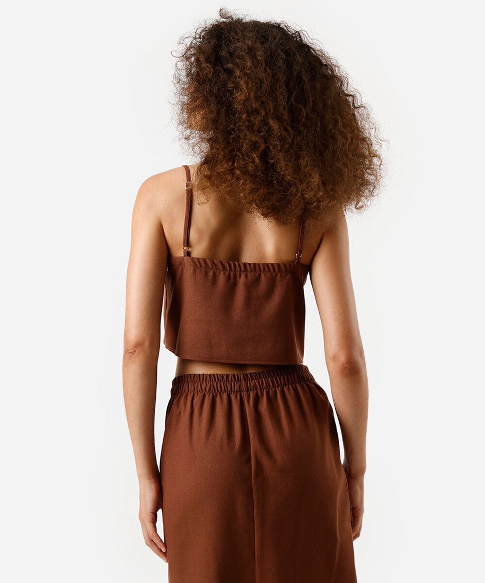 cropped feminino com linho bordado marrom