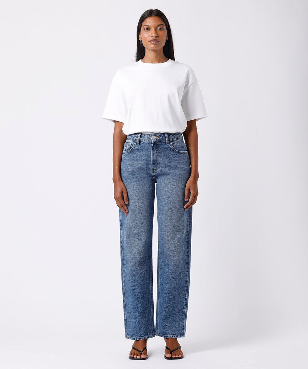 calça reta feminina jeans mindset azul