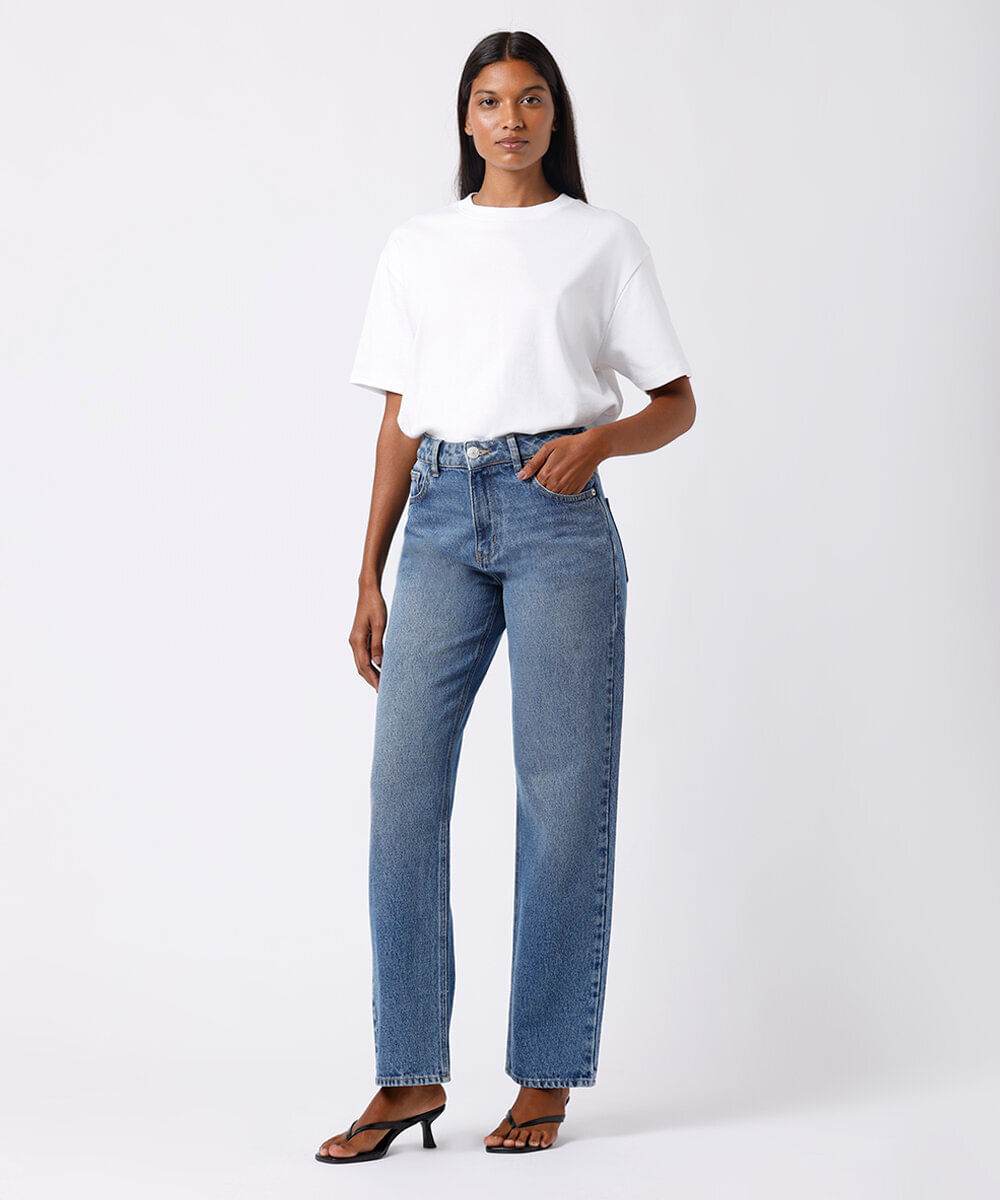 calça reta feminina jeans mindset azul