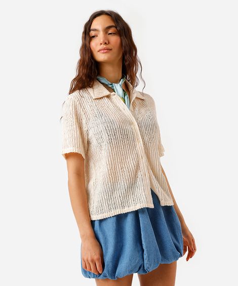 camisa feminina de tricot manga curta bege