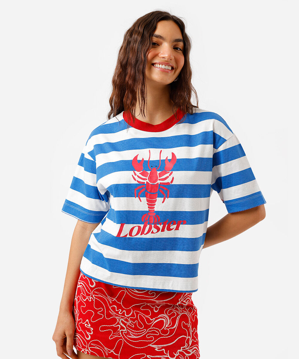 camiseta feminina de algodão lagosta listrada off white