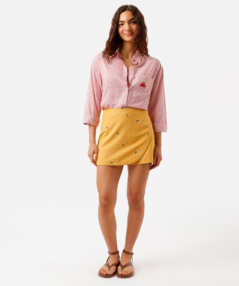 short saia feminino com linho e bordado floral amarelo