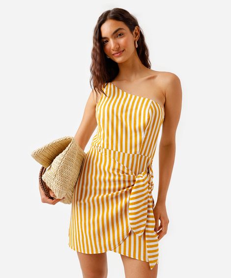 vestido curto ombro único feminino com linho listrado amarelo