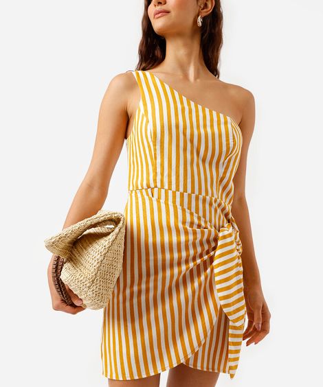 vestido curto ombro único feminino com linho listrado amarelo