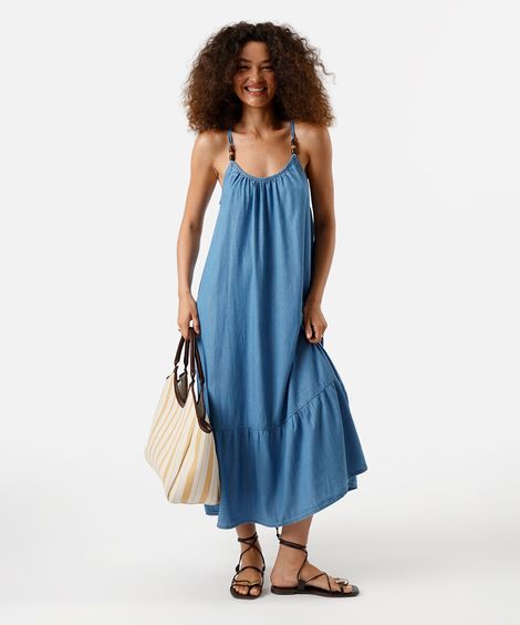 vestido midi alça fina feminino jeans com recorte azul