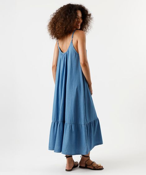 vestido midi alça fina feminino jeans com recorte azul