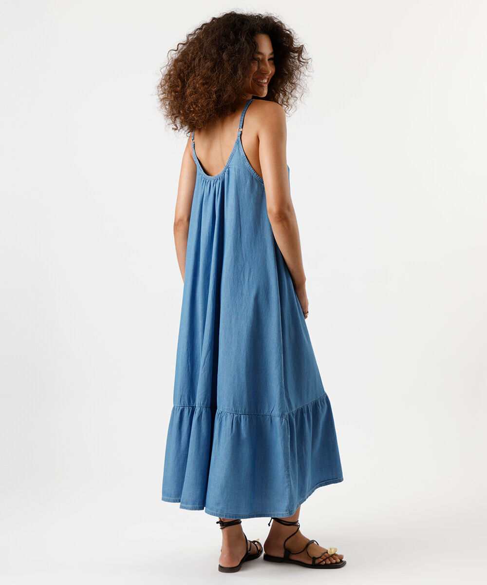 vestido midi alça fina feminino jeans com recorte azul