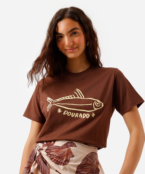 camiseta feminina de algodão estampada marrom