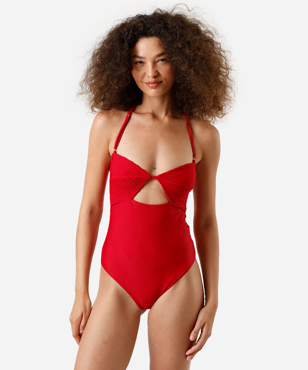 maiô feminino com recorte canelado vermelho