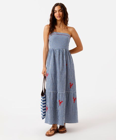 vestido sem alça feminino de algodão com recorte e bordado xadrez azul