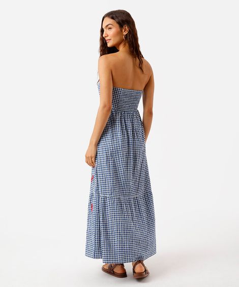 vestido sem alça feminino de algodão com recorte e bordado xadrez azul