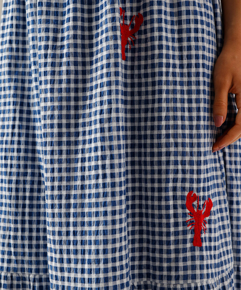 vestido sem alça feminino de algodão com recorte e bordado xadrez azul