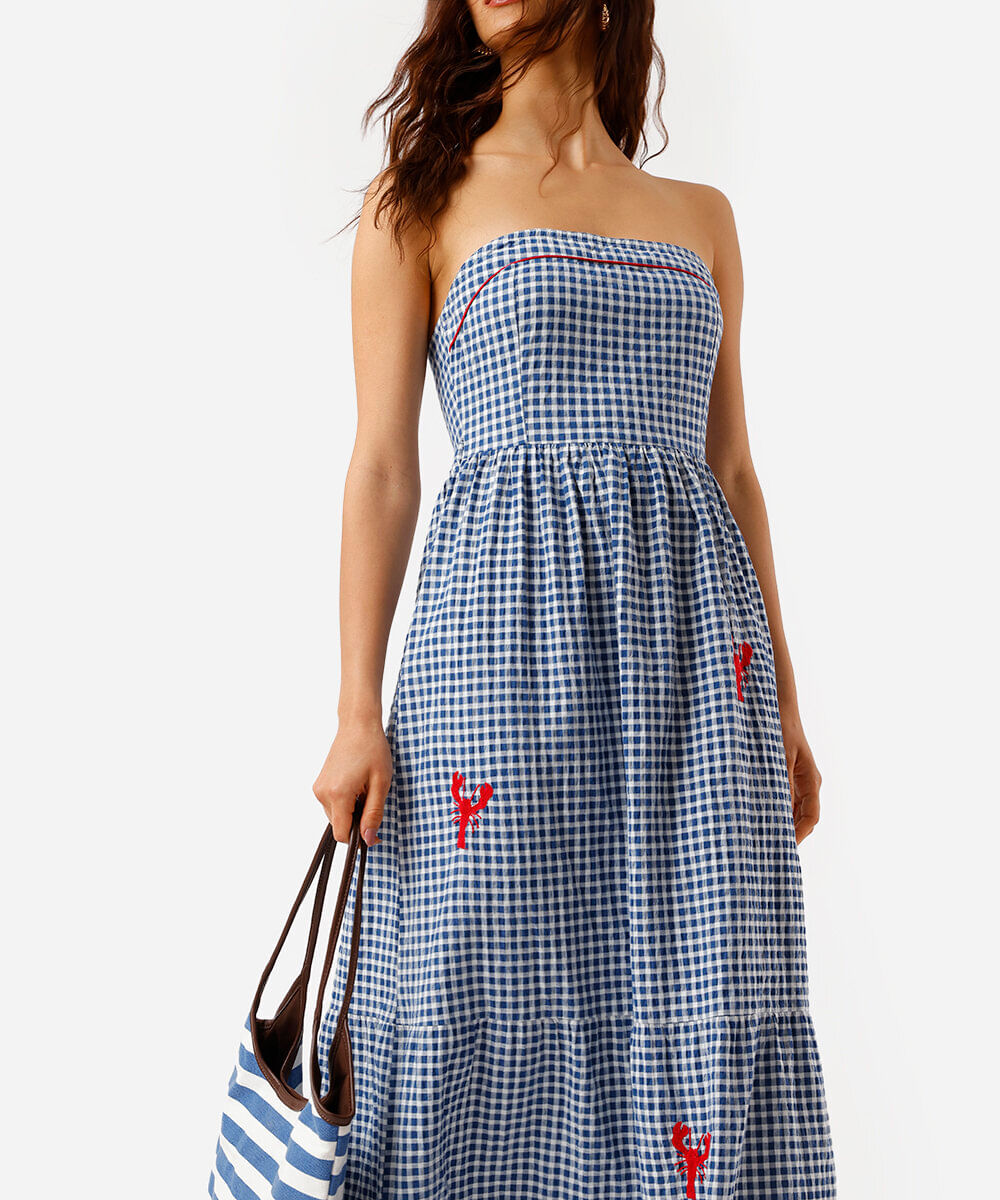 vestido sem alça feminino de algodão com recorte e bordado xadrez azul