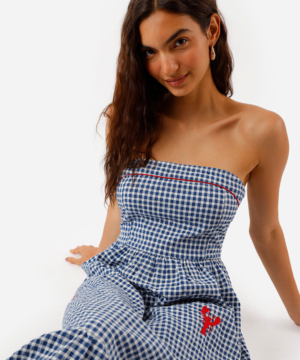 vestido sem alça feminino de algodão com recorte e bordado xadrez azul