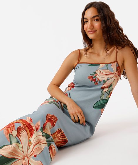 vestido longo alça fina feminino floral azul